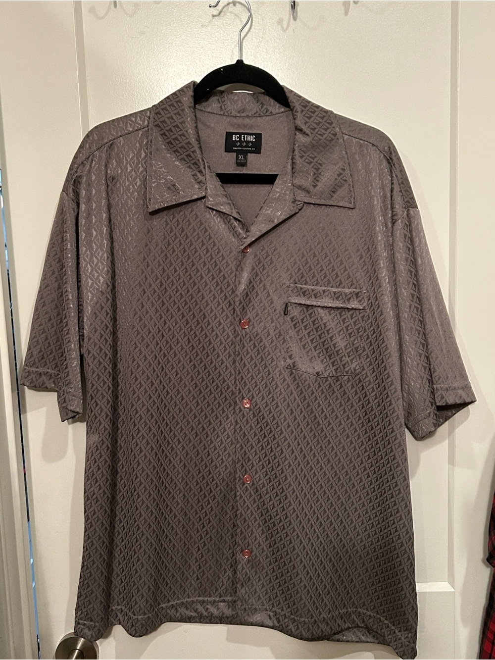 BC Ethic Men’s Short Sleeve Camp Shirt — Charcoal Gray with diamond design.